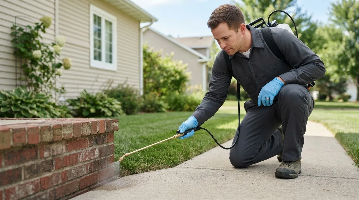 Pest control technician treating a home near Saugus, MA